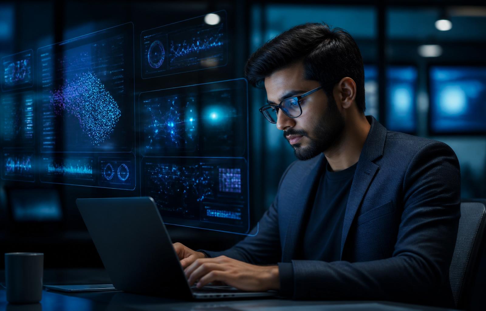 AI specialist working on a laptop with holographic dashboards